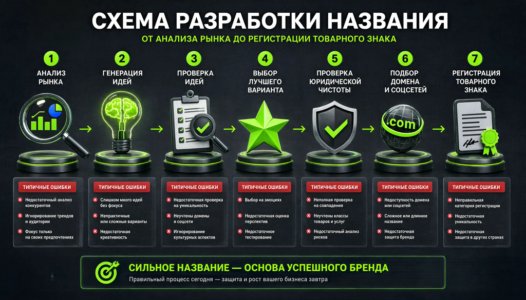 Пошаговая схема процесса разработки названия: 7 этапов от анализа рынка до регистрации товарного знака с указанием типичных ошибок на каждом этапе.