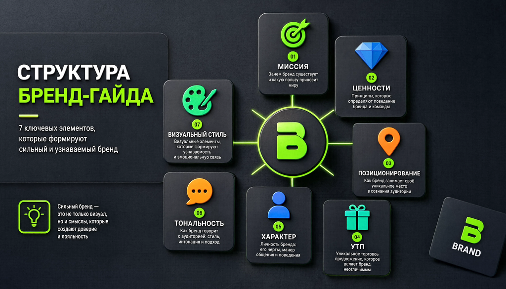 Инфографика структуры бренд-гайда: 7 ключевых блоков (миссия, ценности, позиционирование, УТП, характер, тональность, визуальный стиль)
