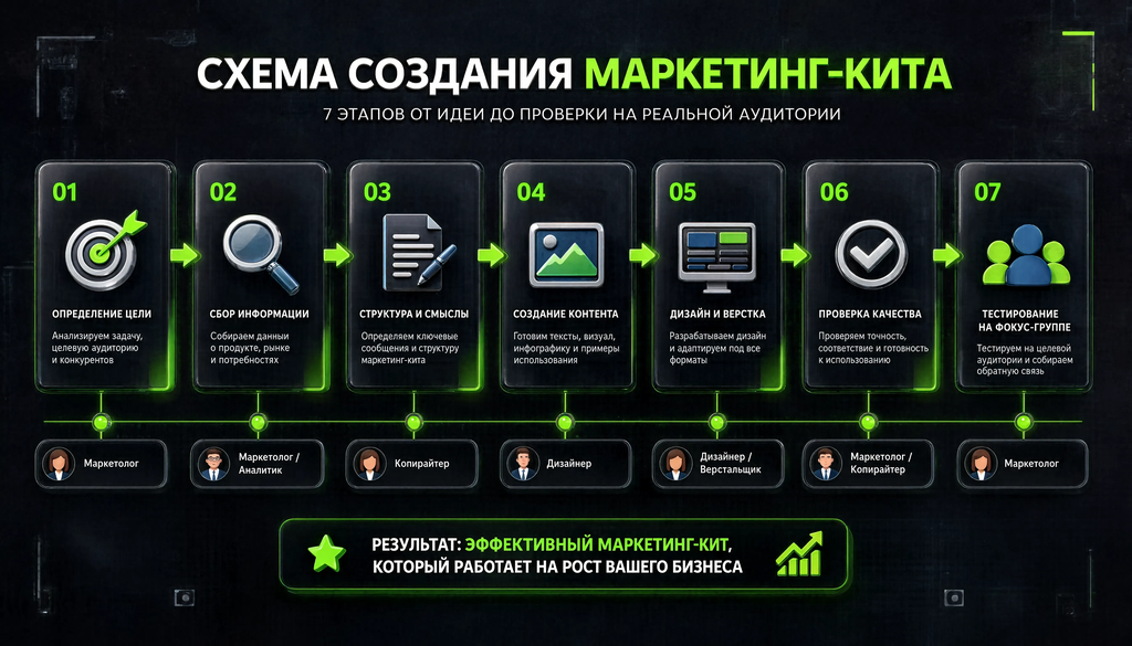 Схема процесса создания маркетинг-кита: 7 этапов от определения цели до тестирования на фокус-группе, с указанием ответственных специалистов на каждом этапе.