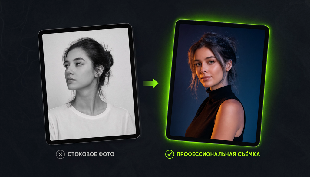 Примеры имиджевой фотосессии команды: сравнение стандартного стокового фото и профессиональной съёмки в фирменном стиле, показывающее разницу в восприятии бренда.