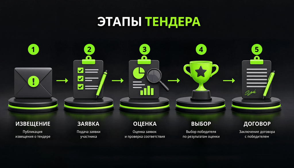 Инфографика этапов тендера: извещение, заявка, оценка, выбор, договор.