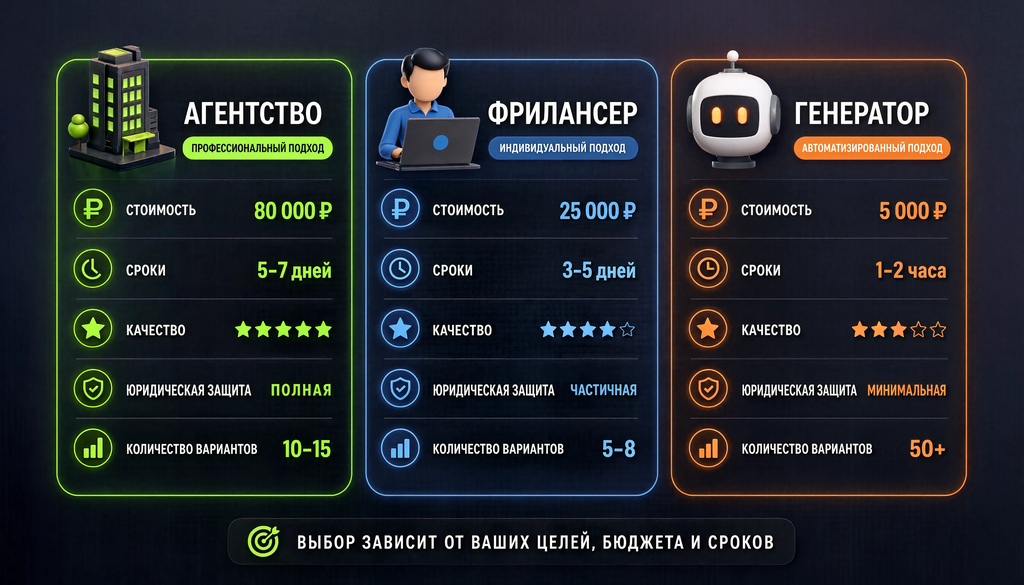 Сравнение вариантов разработки нейминга: агентство, фрилансер, генератор по критериям стоимости, сроков, качества, юридической защиты и количества вариантов