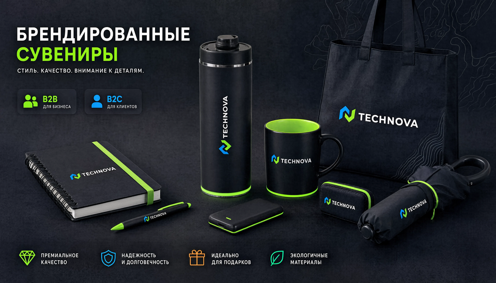 Виды сувенирной продукции с логотипом: магниты, ручки, кружки, блокноты, tote-сумки, флешки, зонты, термокружки с указанием цен и аудитории B2B/B2C.
