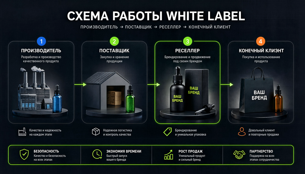 Схема работы White Label: производитель, поставщик, реселлер, конечный клиент, с указанием этапа брендирования на реселлере.