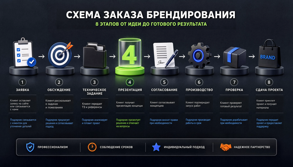 Пошаговая схема заказа брендирования: 8 этапов с указанием действий клиента и подрядчика