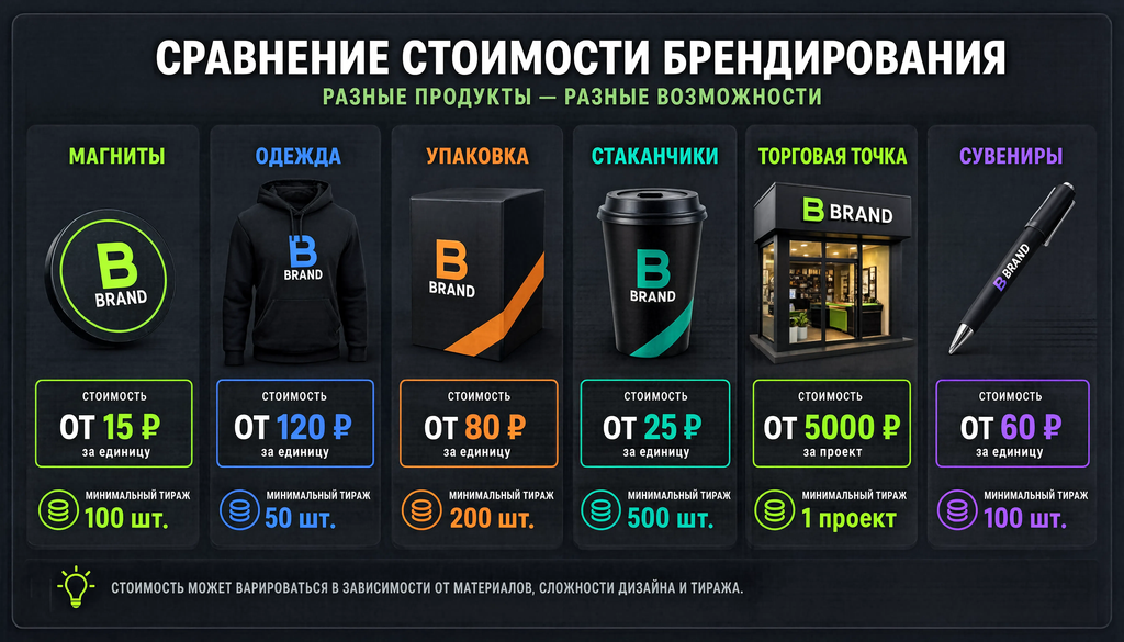 Инфографика сравнение стоимости брендирования продукции: магниты, одежда, упаковка, стаканчики, торговая точка, сувениры с диапазоном цен и минимальным тиражом