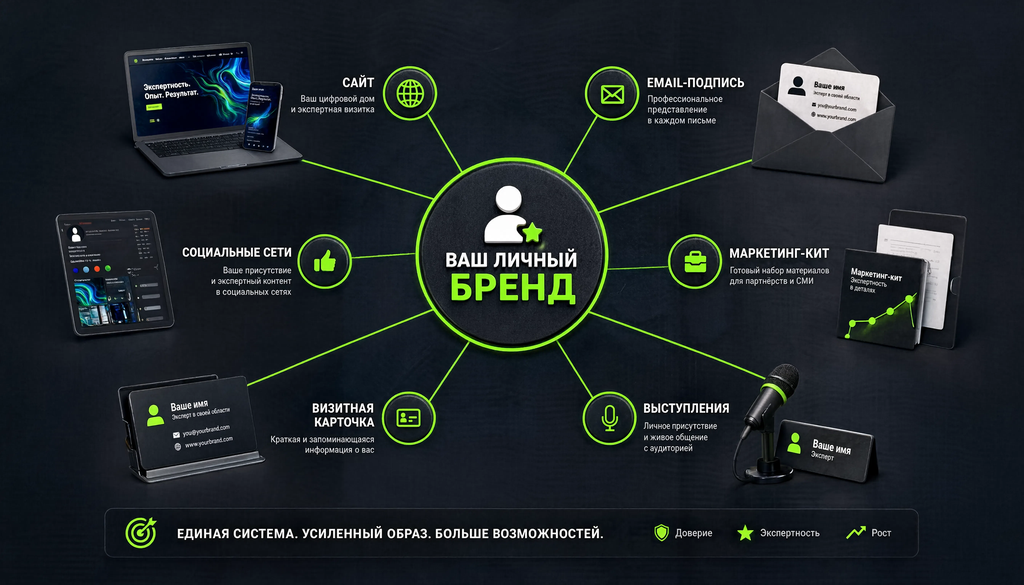 Инфографика точек контакта личного бренда: сайт, соцсети, email-подпись, визитка, маркетинг-кит, выступления. Упаковка объединяет каналы в единую систему восприятия эксперта.