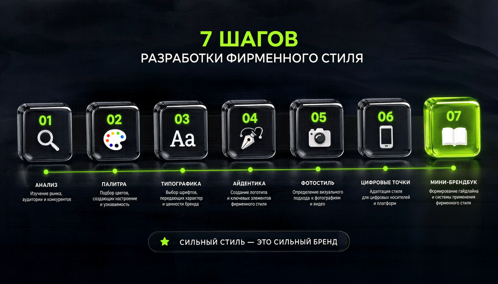 7 шагов разработки фирменного стиля: анализ, палитра, типографика, айдентика, фотостиль, цифровые точки, мини-брендбук