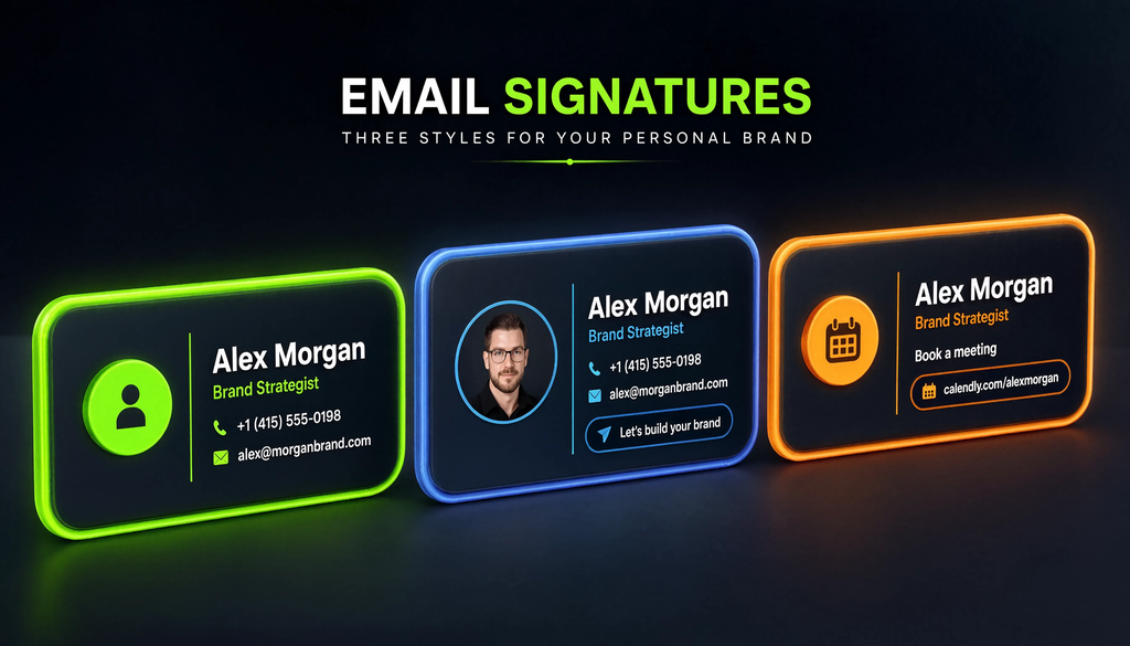 Three examples of professional email signatures for personal brand: basic, extended with photo and CTA, and with calendar link