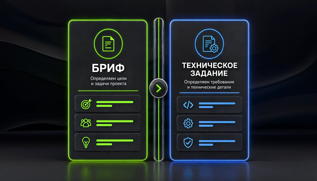 Сравнительная иллюстрация брифа и технического задания: подробное сопоставление по параметрам: кто заполняет, объём, цель, структура, аудитория. Визуал помогает быстро понять разницу между документами и избежать путаницы на старте проекта.