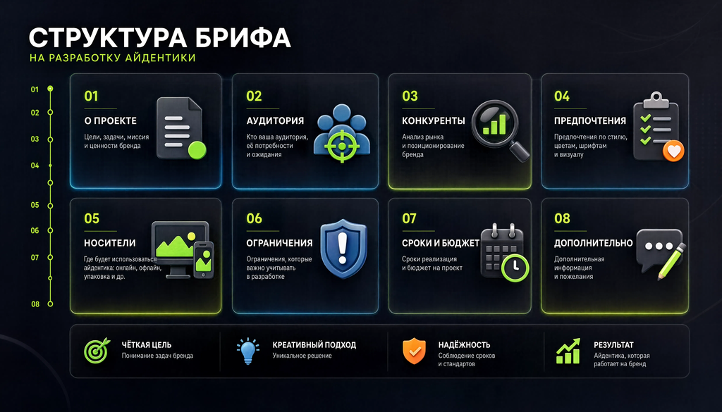 Структура брифа на разработку айдентики: 6–8 блоков с кратким описанием, расположенных в логическом порядке заполнения. Визуал помогает понять объём и логику брифа до начала заполнения.
