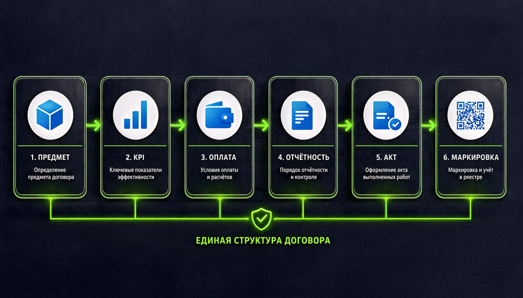 Структура договора на маркетинговые услуги: предмет, KPI, оплата, отчётность, акт, маркировка.