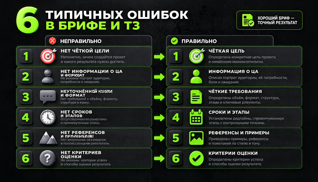 Сравнительная иллюстрация 5-6 типичных ошибок в брифе и ТЗ и их исправленные версии в двух колонках неправильно и правильно