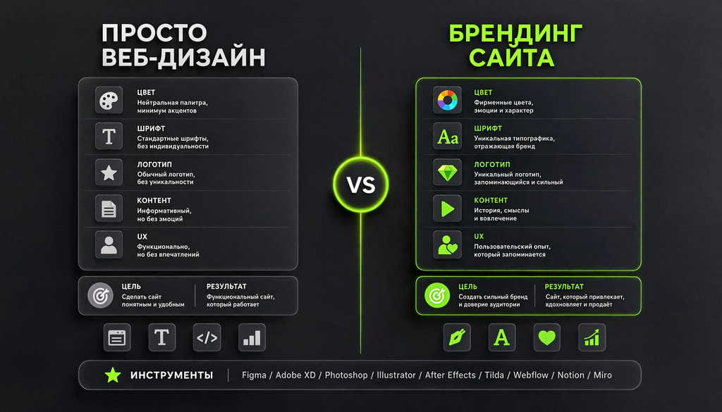 Сравнительная иллюстрация веб-дизайна и брендинга сайта: критерии цвет, шрифт, логотип, контент, UX, цели, результат, инструменты.