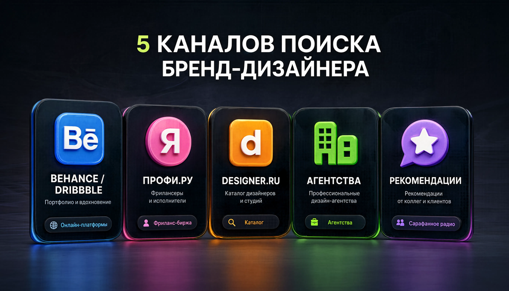 Инфографика: пять каналов поиска бренд-дизайнера - Behance, Dribbble, Профи.ру, designer.ru, агентства, рекомендации. Плюсы, минусы, диапазон цен и типы задач для каждого канала.