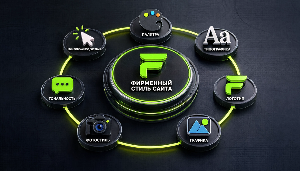 Схема семи ключевых элементов брендинга сайта: палитра, типографика, логотип, графика, фотостиль, тональность, микровзаимодействия