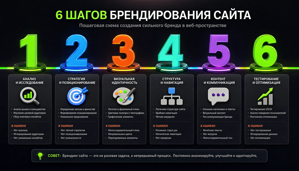 Схема шести шагов брендирования сайта с номерами, описанием и типичными ошибками