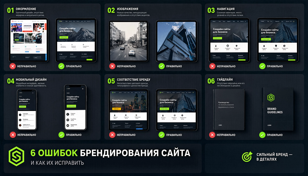 Сравнительная иллюстрация шести типичных ошибок брендинга сайта: неправильно и правильно. Оформление, изображения, навигация, мобильный дизайн, соответствие бренду, гайдлайн.