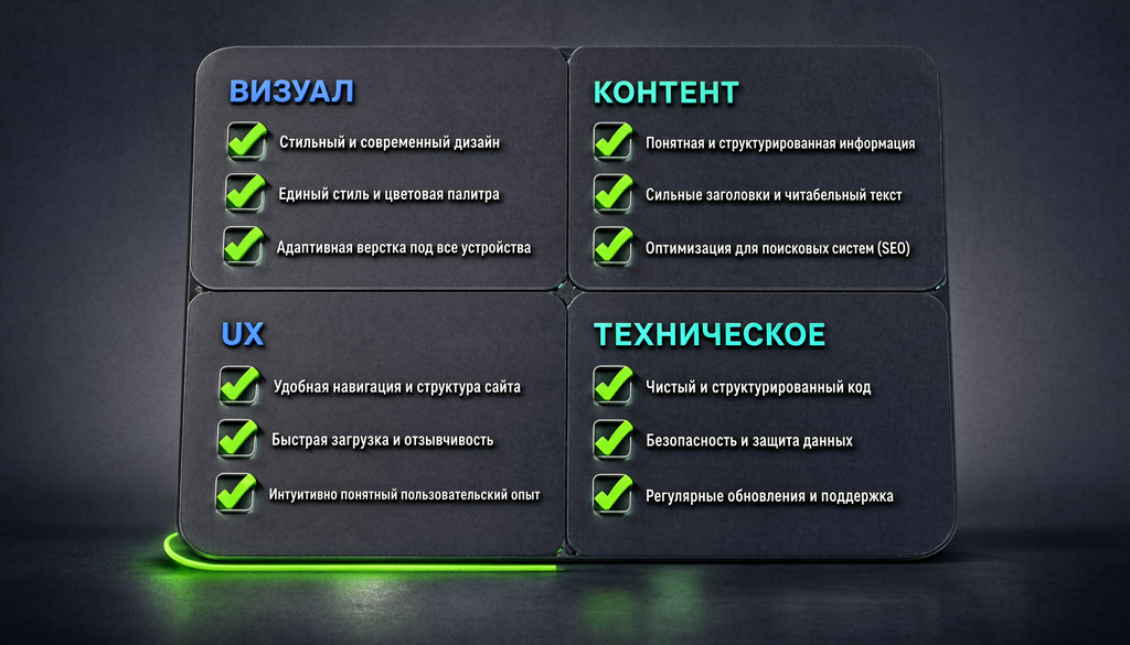 Checklist infographic with 12 points grouped into visual, content, UX, and technical categories for website optimization.