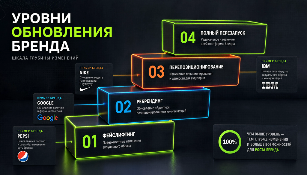 Схема сравнения уровней обновления бренда от фейслифтинга до полного перезапуска с примерами брендов