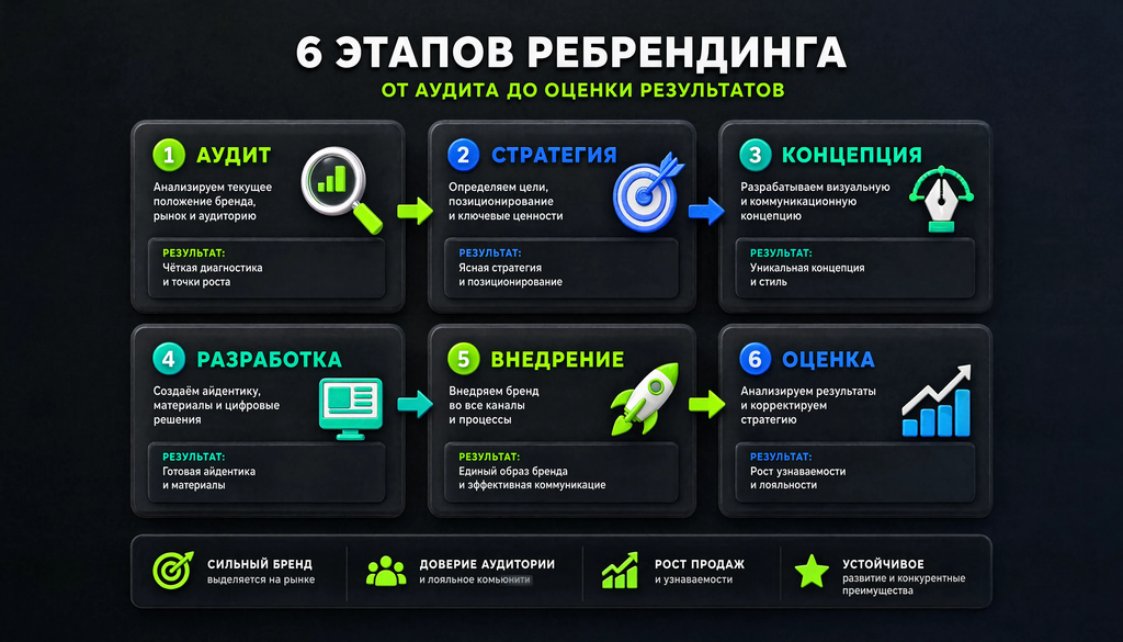 Схема 6 этапов ребрендинга от аудита до оценки результатов
