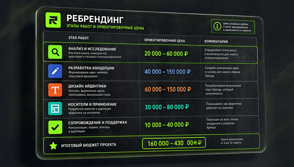 Таблица-инфографика с ценами на работы по ребрендингу и комментариями