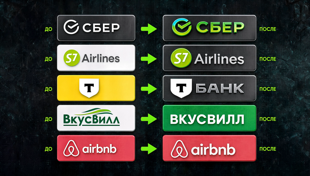 Сравнение логотипов компаний Сбер, S7, Т-Банк, ВкусВилл, Airbnb до и после ребрендинга, демонстрирующее трансформацию брендов.