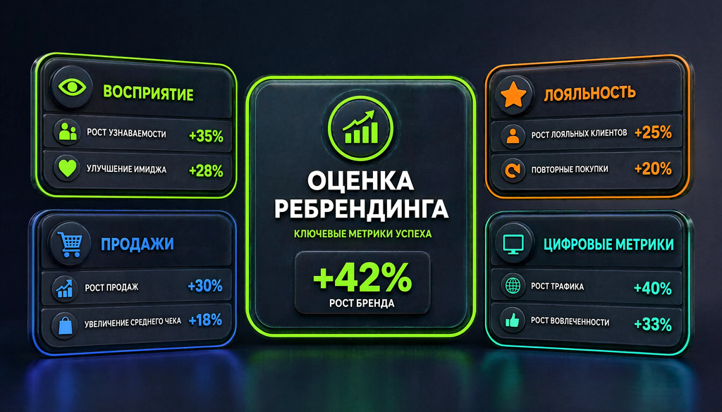 Инфографика с ключевыми метриками оценки ребрендинга по четырем направлениям: восприятие, продажи, лояльность и цифровые метрики, с показателями и описаниями.