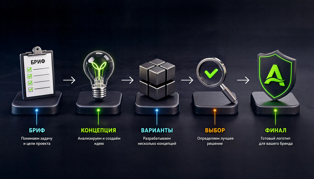 Infographic showing the logo development process: Brief, Concept, Variants, Selection, Final.