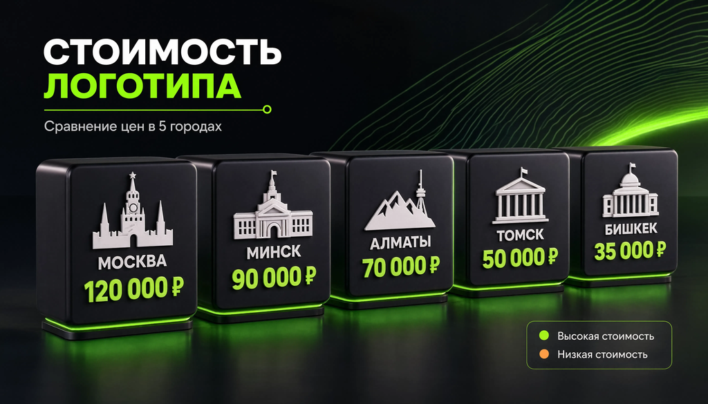 Инфографика сравнения стоимости логотипа в Москве, Минске, Алматы, Томске и Бишкеке