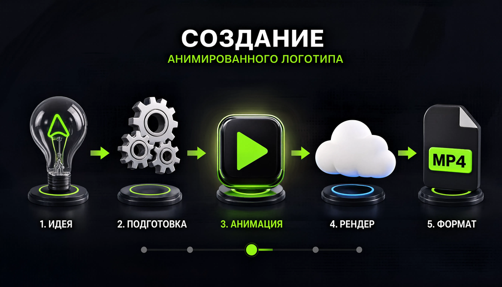Инфографика, показывающая процесс создания анимированного логотипа: Идея, Подготовка, Анимация, Рендер, Формат