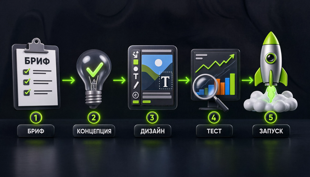 Infographic illustrating the process of developing an advertising creative: from brief to concept, design, test, and launch.