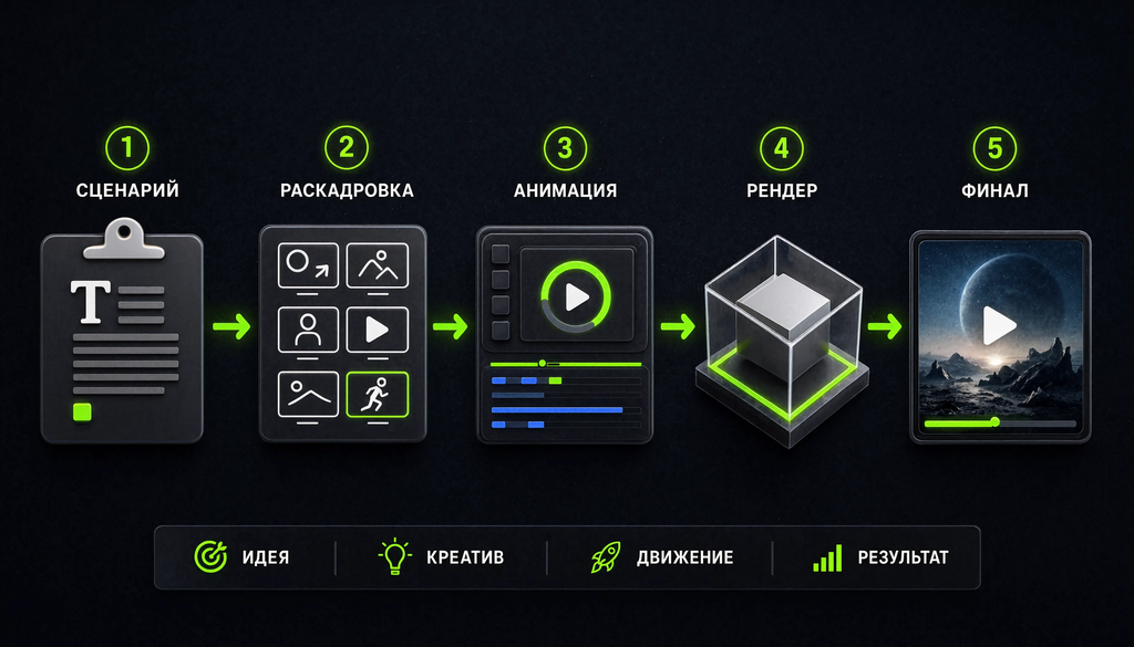 Infographic showing the motion design creation process: Scenario, Storyboard, Animation, Render, Final.