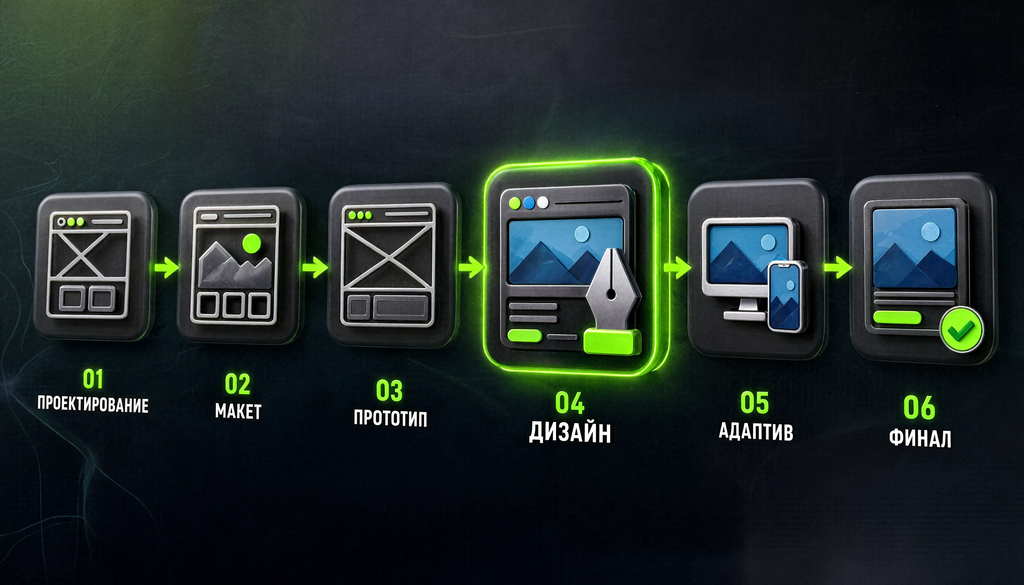 Infographic showing the web design process: Проектирование, Макет, Прототип, Дизайн, Адаптив, Финал