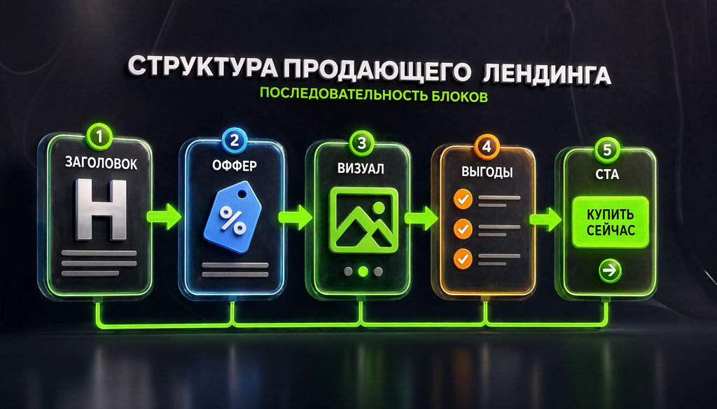 Структура продающего лендинга: заголовок, оффер, визуал, выгоды, CTA
