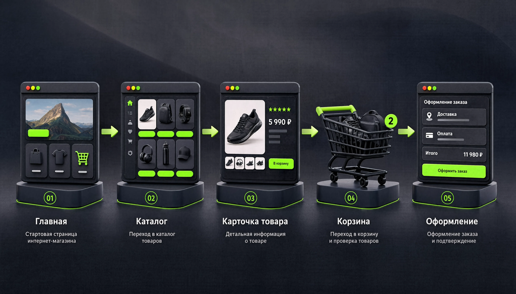 Инфографика структуры интернет-магазина: Главная → Каталог → Карточка → Корзина → Оформление