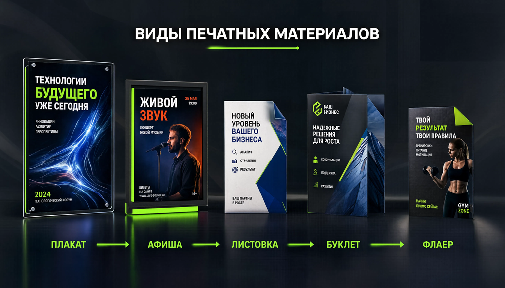 Виды печатных материалов: плакат, афиша, листовка, буклет, флаер