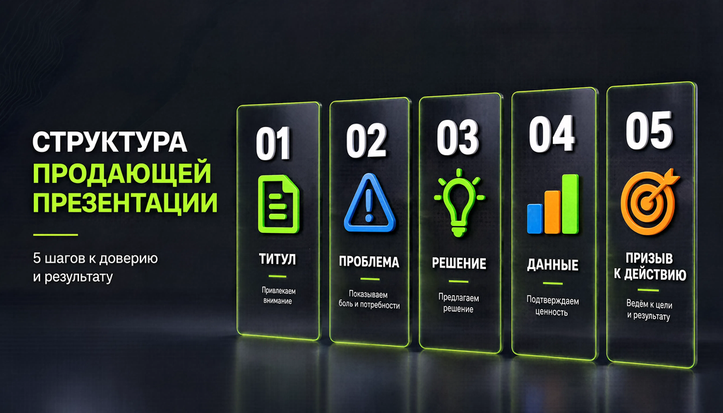 Инфографика: Как устроена продающая презентация &mdash; Титул, Проблема, Решение, Данные, CTA