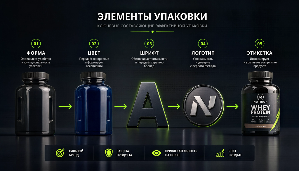 Инфографика элементов упаковки: форма, цвет, шрифт, логотип, этикетка