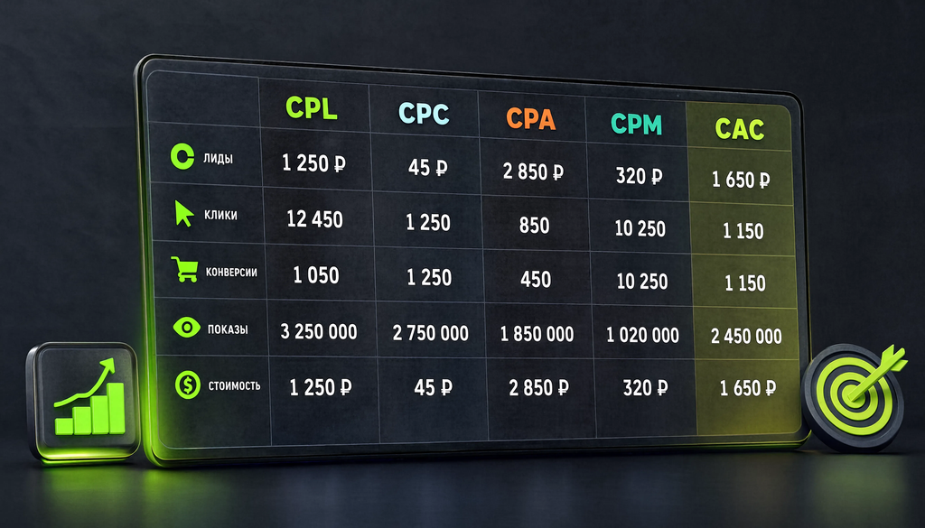 Сравнение метрик CPL, CPC, CPA, CPM и CAC в виде таблицы