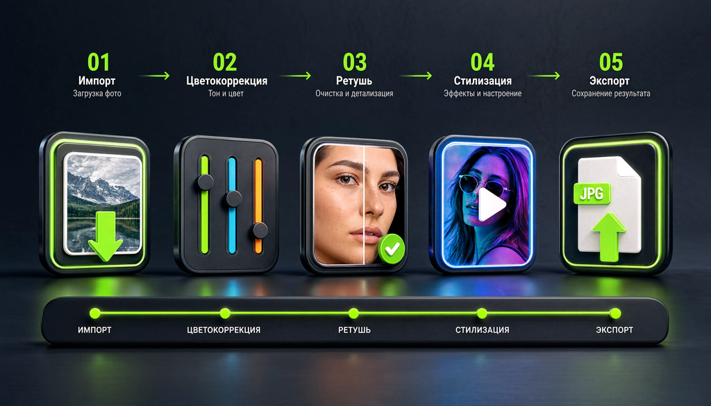 Infographic showing photo processing workflow: Import, Color correction, Retouch, Stylization, Export.
