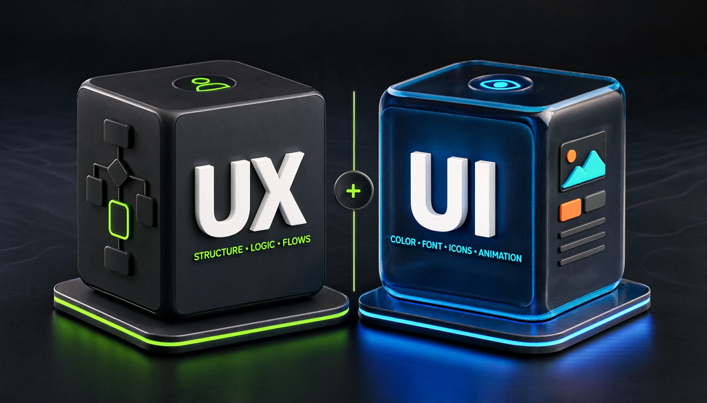 Инфографика UX vs UI: разделение на пользовательский опыт (структура, логика, потоки) и пользовательский интерфейс (цвет, шрифт, иконки, анимация)