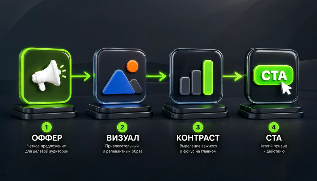 Принципы дизайна баннера: Оффер &rarr; Визуал &rarr; Контраст &rarr; CTA, визуал передаёт принципы