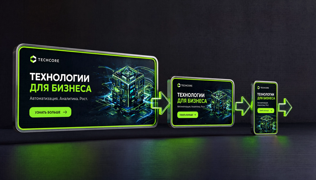 Инфографика адаптивного баннера с размерами для десктопа (728x90), планшета (468x60) и смартфона (320x50)