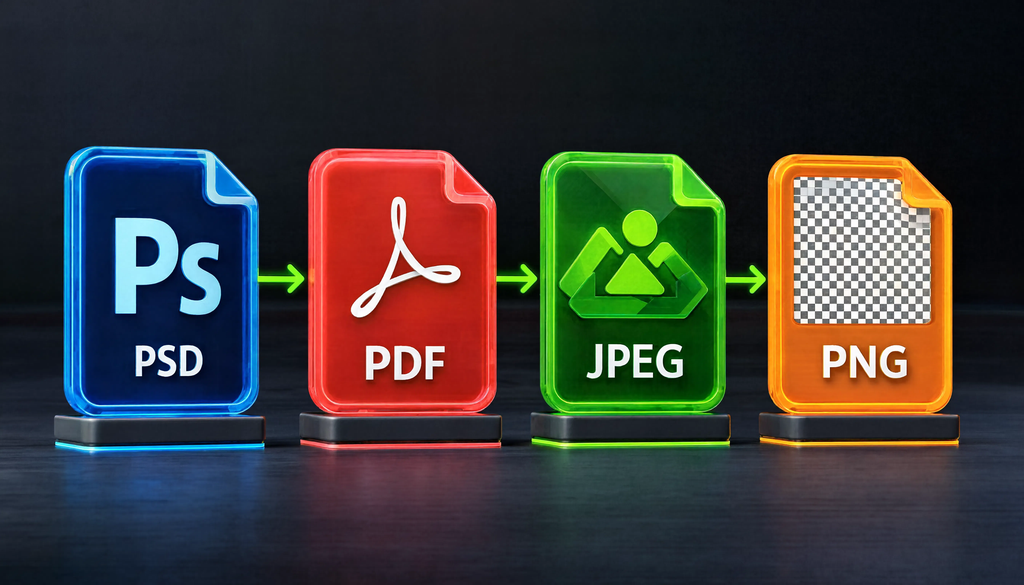 Инфографика форматов Photoshop: PSD, PDF для печати, JPEG и PNG для веб