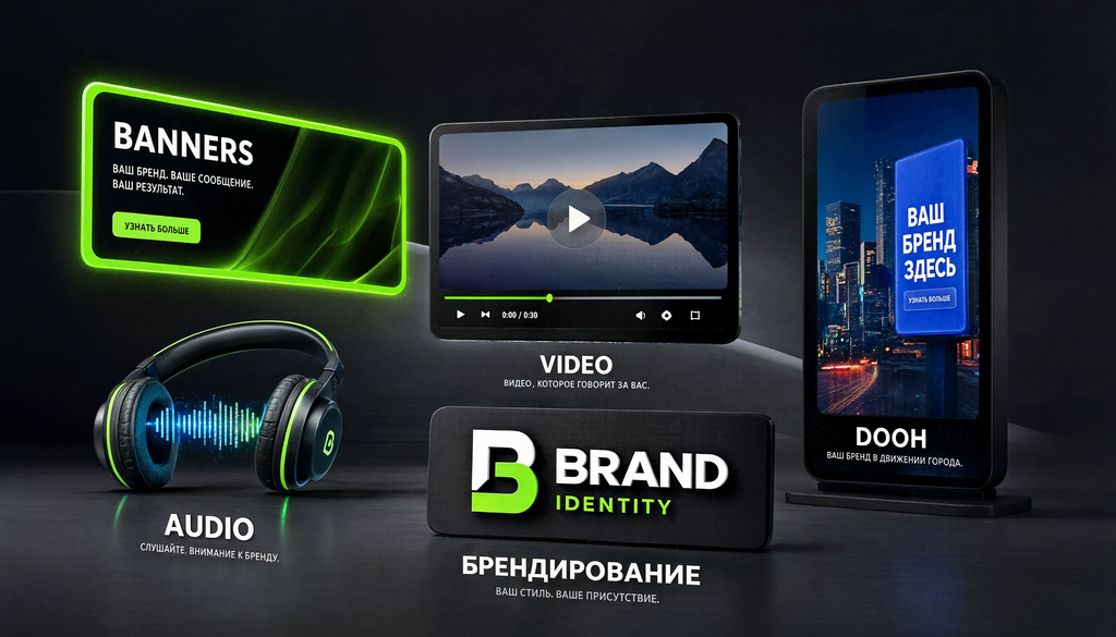 Инфографика виды медийной рекламы: баннеры, видео, аудио, брендирование, DOOH