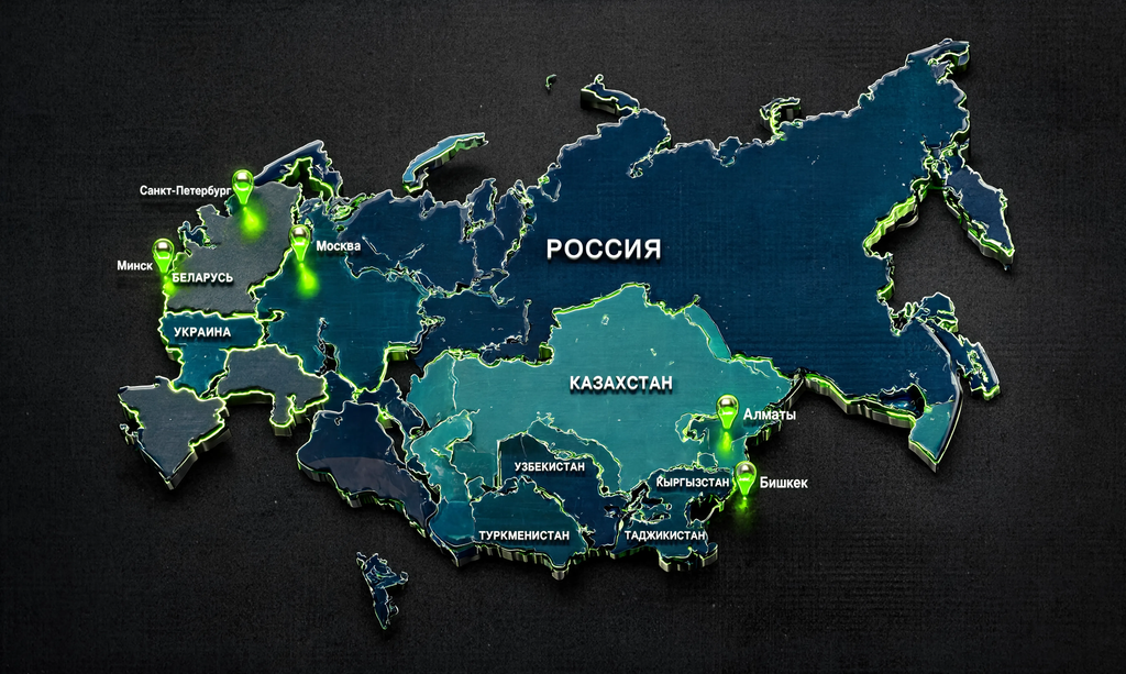 Карта России и СНГ с городами Москва, Санкт-Петербург, Минск, Алматы, Бишкек