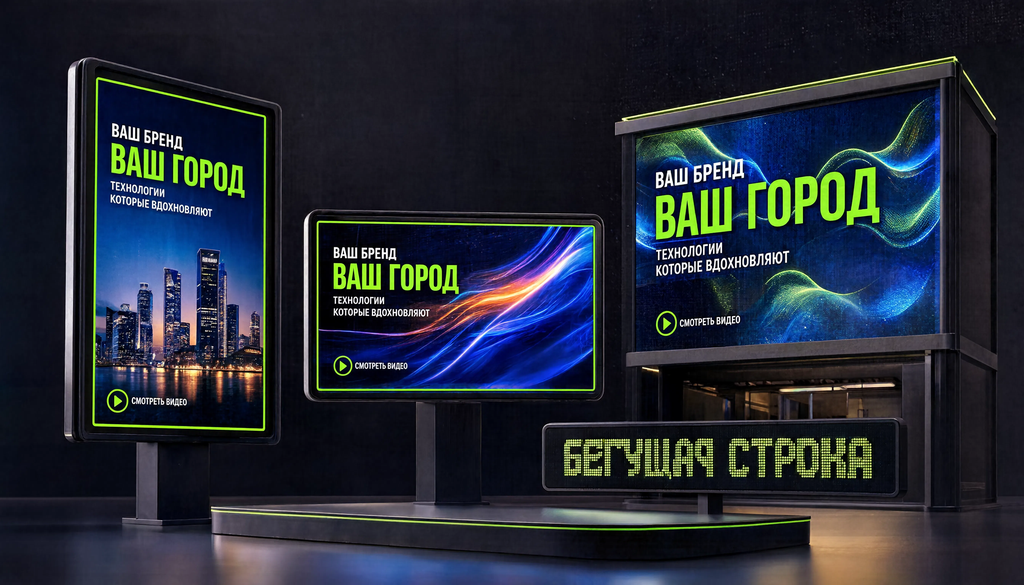 Инфографика виды цифровых экранов: уличный LED, indoor-монитор, медиафасад, бегущая строка.