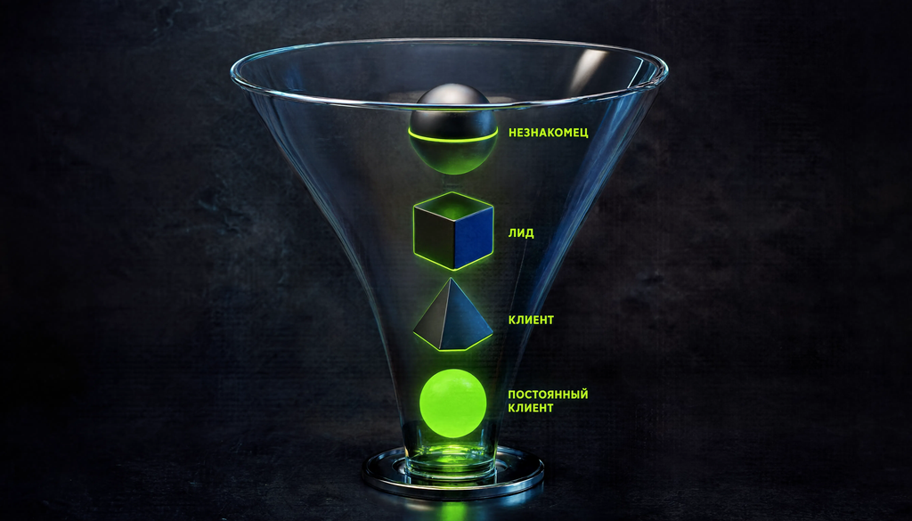 Infographic depicting the customer acquisition funnel: stranger, lead, client, regular client