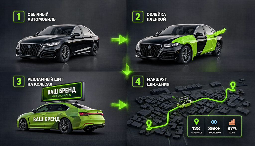 Инфографика этапов превращения обычного автомобиля в мобильный рекламный носитель: оклейка пленкой, рекламный щит на колесах, охват аудитории по городу